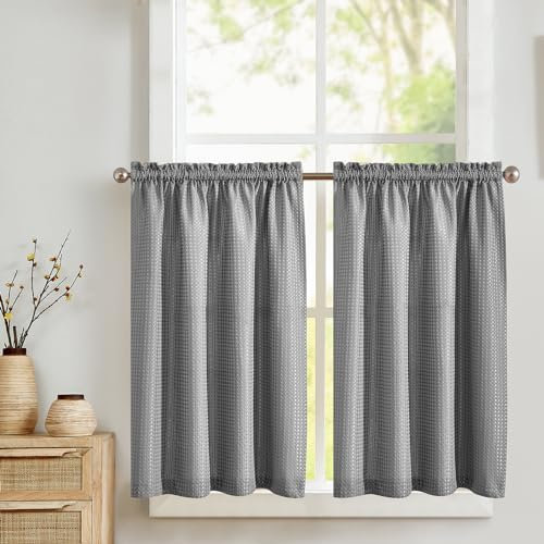 TOPICK Blickdicht Scheibengardinen Küche Grau Bistrogardine mit Tunnelzug Gardinen Kurz mit Waffel Muster Halbtransparente Küchengardinen für Kleine Fenster Wohnmobil Landhaus 2er Set 90Bx90H cm