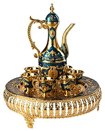Vintage Turkish Coffee & Tea Pot Set for 6 including Tray & Teapot Silver Inserted with Crystals and Crystal Tray - Turkish, Greek, Arabic, Set