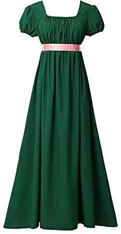 COSDREAMER Robe Regency Femme Taille Haute Robe médiévale Victorienne rétro avec Ruban et Manches Bouffantes(Vert, L)