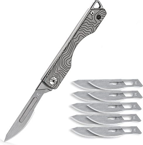 KeyUnity KK01 Navaja plegable de titanio, navaja de bolsillo EDC de utilidad con hoja reemplazable n. ° 24, para caza al aire libre, camping, pesca, senderismo (Patrón de Nubes) | Incluye 10 cuchillas reemplazables #24, adecuadas para papel, cinta, etiquetas, artes, manualidades y proyectos de bricolaje