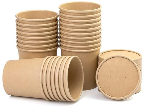 BUOKKON 25 Pack Ice Cream Containers, Soup Containers with Lids, Disposable Cups with Lids, Brown Kraft Soup Cups Paper Bowls Takeaway Tubs for Dessert (16oz / 450ML)