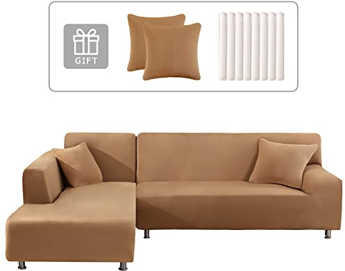 Lydevo Sofabezug Ecksofa L Form Sofa Überwürfe Stretch Sofabezug L Form Rechts oder Links mit Zwei Kissenbezügen Waschbar Universal-Couchbezug L Form Sofa Cover L Shape(2 Sitzer+3 Sitzer,Kamel)