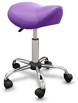 QUIRUMED Taburete Tipo Pony, Ergonómico, con Base de Acero, Color Morado, Tapizado en Polipiel, Altura Regulable, Asiento Acolchado, Ruedas giratorias, hasta 150 kg