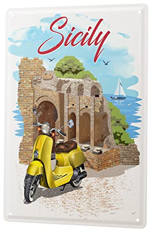 Blechschild Retro - Vintage Metall-Poster für die Garage - Motorrad Sizilien Italien Motiv - 20 x 30 cm