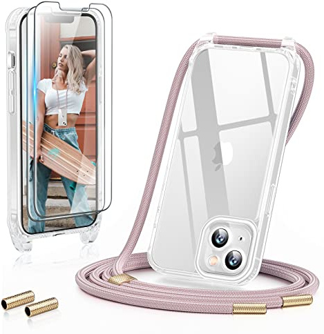 GOODVISH 3 in 1 Handykette für iPhone 13 6,1 Zoll - mit 2 Stück Schutzfolie - Necklace Hülle mit Band [Kameraschutz] [360°-Schutz] Handyhülle für zum Umhängen - Transparent Case mit Schnur, Rosé Gold | Mit 2 Stück Displayschutzfolie, Schutzhülle mit verstellbarem Schultergurt, [stoßfest] [Kratzfest] Case mit Halskette