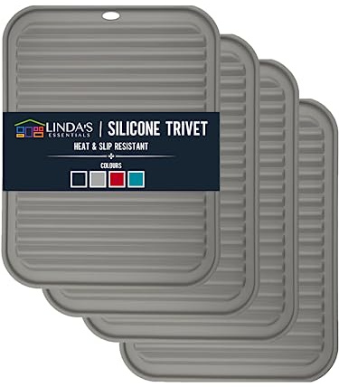 Linda's Essentials Silicone Trivets for Hot Pans and Pots (4 Pack) - Multipurpose Silicone Heat Resistant Mat and Pot Holder Trivet (30 x 23cm) - Heatproof Mats for Kitchen (Grey)