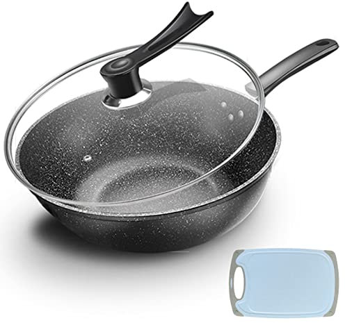 IMPREC Carbon Steel Sartén, Olla De Wok De Acero Al Carbono con Tapa Sartén De Cocina Presazonada Wok De Hierro Fundido De Peso Ligero For Estofar Y Freír (Color : Noir, Size : 32x9.5cm)