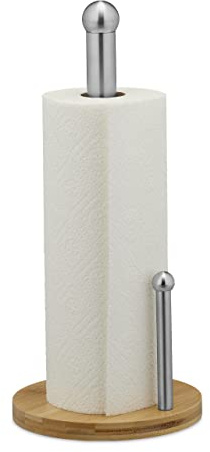 Relaxdays Küchenrollenhalter stehend, Bambus & Edelstahl, Rollenhalter mit Abrollstop, H x D: 35 x 16 cm, Natur/Silber