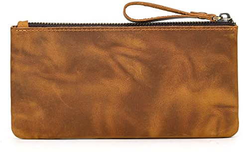 Genuine Leather Pen Pencil Case, Zip Pouch, Beautifully Handcrafted Zippered Pouch, Practical Pencil Cases for Adults & Students with Side Pocket & Keyring, 20.5x10.5cm (Vintage Light Brown)
