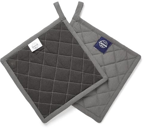 Encasa XO Presine in cotone resistente al calore con anello per appenderle - Set di 2 -Grigio - Presina da cucina, barbecue e microonde - 21 cm