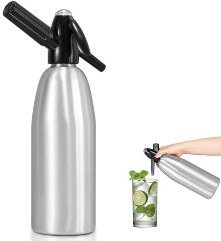 Soda Siphon, 1 l Sprudelwasserbereiter, schwarzes Aluminium, tragbar, Seltzer, Sodawasser-Maschine für Zuhause und Bar, Sodawasser, Silber