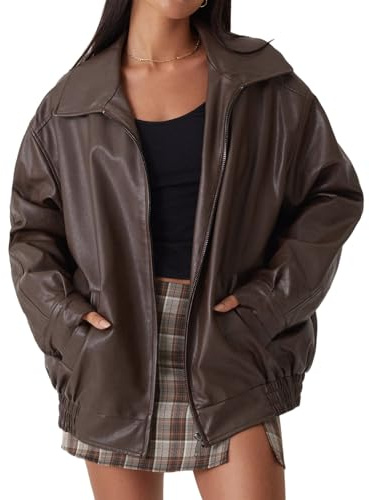 CzooM Veste En Cuir PU Femme Veste De Motard En Simili Cuir Automne Hiver Manteau Bomber Veste Vêtements D'extérieur Streetwear (Color : Brown, Size : M)
