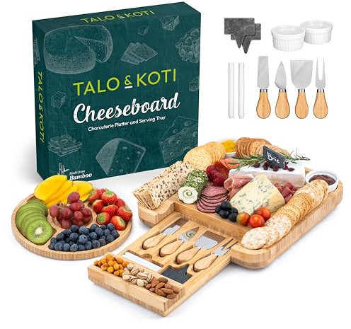 Bamboo Cheese Board and Knife Set Serving Tray with Stainless Steel Knife Set Extra Large Charcuterie Boards Set & Accessories Wooden Tray Cheese Board Gift Set Unique House Warming Christmas Gifts