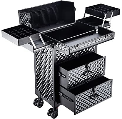 Kosmetik Trolley Rollkoffer Schminkkoffer Mit 360° Drehbaren, Artist Train Case Trolley Makeup Organizer, Mit Schlüsselschloss, Aluminium-Schminkkoffer Auf Rollen,mit Schubladen,Schwarz