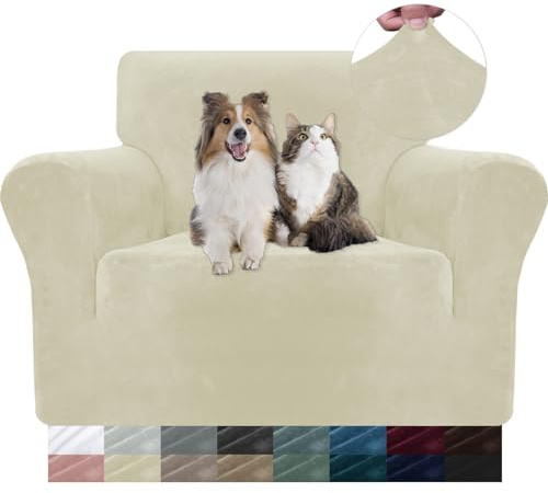YSTELLAA Samt Sofa Überzug 1 Sitzer, Stretch Sesselhusse Universal, Sofaschoner rutschfest, Sofa Covers Mit Armlehne, Couch Bezug Schutz Katze, Waschbare Couchschoner, Beige