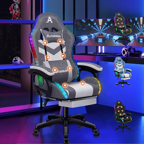 ALFORDSON 8-punkts massagespelstol, 12 färger RGB LED-ljus, ergonomisk kontorsstol med fotstöd, nackstöd och ländryggskudde för barn och vuxna, tyg, grå sömmar