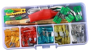 Autosicherung mit Prüfstift 5 bis 30 A aus Metalllegierung, 60 Stück | Kunststoffbox Inklusive, Einsteckausführung für Kfz, Leicht und Leitfähig, Passend für Ersatz im Fahrzeug