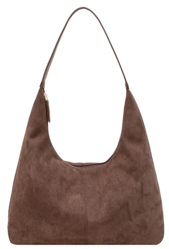 TIAASTAP Wildleder Handtasche Damen Shopper Uni Beuteltasche Tote Mit Reißverschluss Braun Suede Hobo Shoulder Tragetasche Slouchy