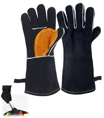 Large Leather BBQ Welding Gloves, Heavy Duty Heat Resistant Fireproof Gloves Fire Gloves for Wood Burners, Soft Resistant Lined Leather and Fireproof Stitching for Welders/Fireplace/BBQ/Gardening