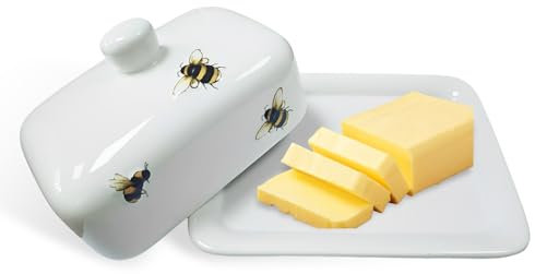 Butterdose Keramik,RoadLoo 1 Stück Porzellan Butterdosen mit Griff Weiße Bienen-Butterdose aus Keramik Dickwandiger Butterschale Butterbehälter spülmaschinenfest (weiß, 2)