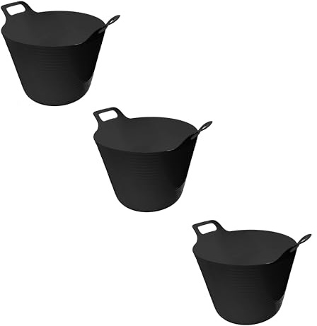 ORGANIZED® 42L Flexible Tubs Set of 3 – Large Heavy Duty Black Rubber Storage Buckets with Handles, Multi-Purpose Flexible Plastic Tubs for Home, Garden, Cleaning, Laundry, DIY & Builders Use