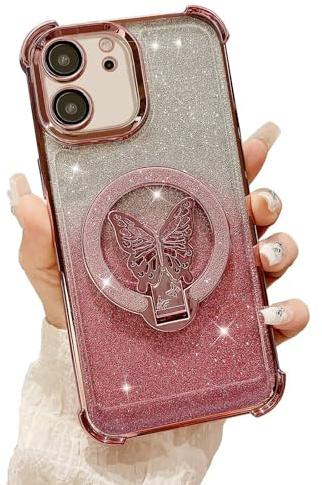 PONRFEKT Glitter Funda para Xiaomi 13T / 13T Pro con Soporte de Mariposa,Niñas Mujeres Carcasa Protectora Transparente Glitter Ultra Delgado Antigolpes TPU Cover,Rosa
