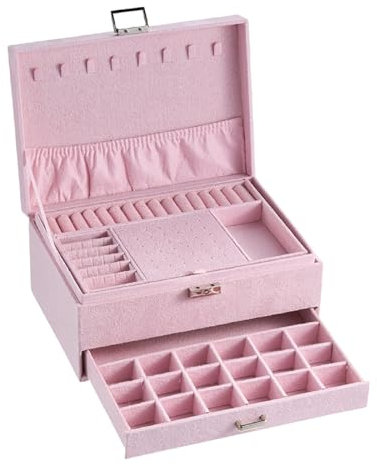 Warmiehomy Boîte à bijoux vintage à 3 étages verrouillable en velours pour boucles d'oreilles, bagues, colliers, bracelets, bijoux avec séparateurs amovibles pour filles et femmes (rose)