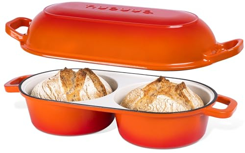 Dutch Oven For Sourdough Bread Baking – Enamelled Cast Iron Bread Loaf Pot – 500°F Oven Safe Non Stick Bread Pot – Double Round Loaf Space, 16.5cm Diameter, Orange, – by Nuovva