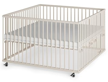 Sämann Laufstall Baby XXL 120x120 cm mit Matratze SleepPlus und Schlupfsprossen | TÜV geprüft | stufenlos höhenverstellbar | Laufgitter Premium | Babybett aus Holz | Krabbelgitter sahara dust