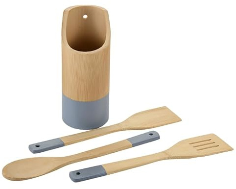 Kesper 81162 | Set d'ustensiles de cuisine en bambou bleu/naturel | 21,5 x 9 x 9 cm 4 pièces rondes
