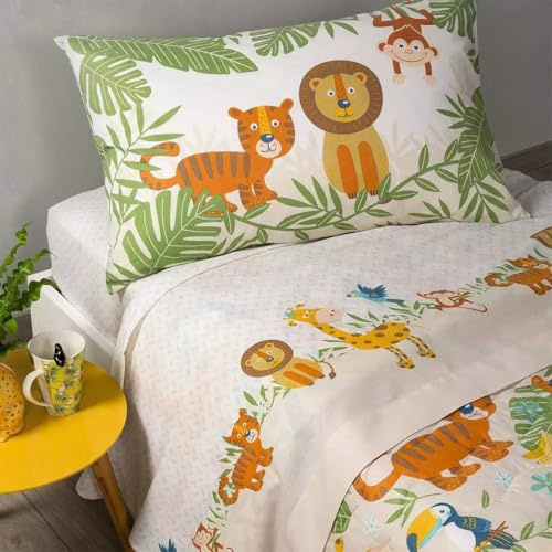Generico BIBIHOME - Completo Letto Singolo Tropical – 100% Cotone – 4 Pezzi (Lenzuolo sopra, sotto con angoli, federa) – Design Giungla Bambini – Made in Italy – 1 Piazza 90x200