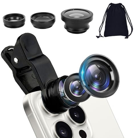 1 Suit 3 in 1 Macro Lens for Phone,Black Universal Fish Eye Wide-Angle and Macro Clip Camera Lens Kit,Compatible with Almost Any Modern Mobile Device,Easy to Install and Remove,With Small Storage Bag