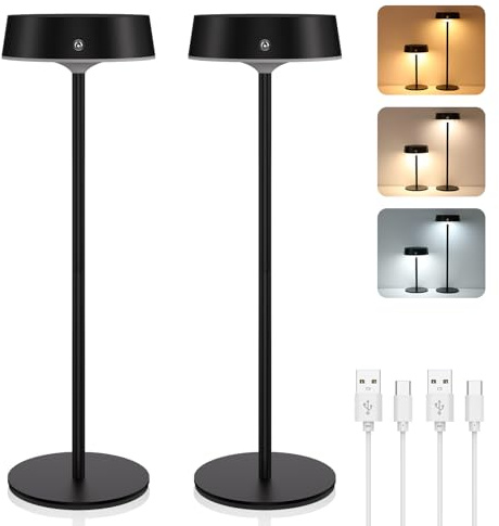 JVURICE Lampe de Table LED Sans Fil 2 Pièces, Lampe Chevet Rechargeable Tactile, Hauteur Réglable, Luminosité et 3 Températures de Couleur Variables, Aluminium Noir IP65, Pour Salon Chambre