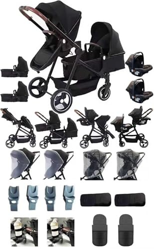 Rexhan Twin 4 in 1 Reversible Travel System, Foldable Double Baby Buggy, Twin Toddler Pram, Pushchair, Lightweight, Tandem All in One Stroller, Portable Baby Carriage, Newborn 0-4 Year, Aluminium