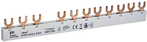 ETI Phasenschiene mit Gabelanschluss 10 mm² - 3-polig - 63A - isoliert - Reihenschiene Sammelschiene für FI- und LS-Schalter (2)