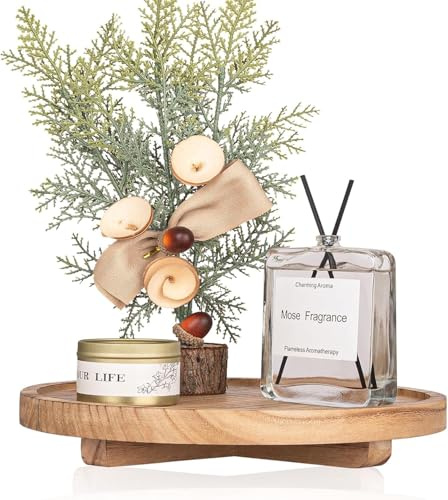 Round Decorative Tray Wood Bathroom Counter Organizer Farmhouse Kitchen Decor Wooden Riser for Soap Dish, Perfume, Candle, Sponge