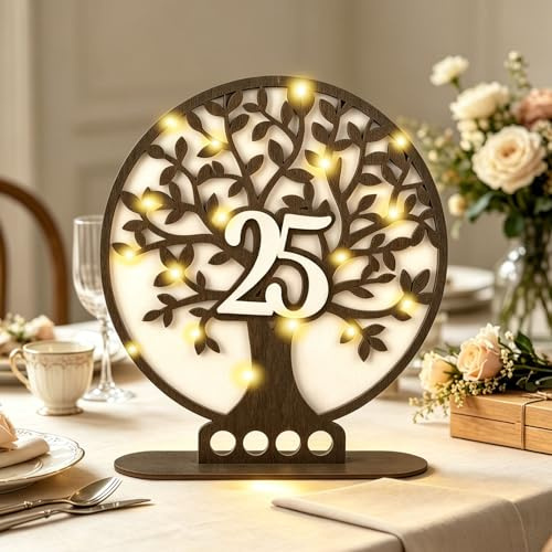 ARTREE Holz Silberhochzeit Geschenk zum 25. Hochzeitstag – Lebensbaum Jubiläum＆Geburtstag Geschenk mit LED, Tischdeko & Geldgeschenk in einem