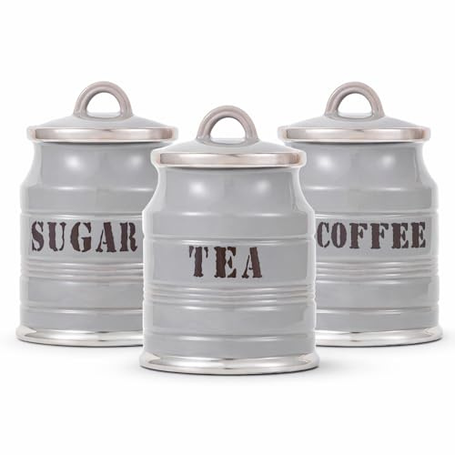 Home Harbour Ashbury Collection Set of 3 Tea Coffee Sugar Canisters | Ceramic Kitchen Storage Jars with Airtight Loop Lids | Countertop Organiser Classic British Chrome Gloss Finish, 0.9L (Grey)