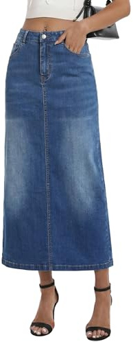 Fengbay Long Denim Skirt for Women High Waist Stretch with Slit Hem | Soft Stretchy Denim Blend;Convenient Multi Pockets;Versatile All Season Maxi Skirt