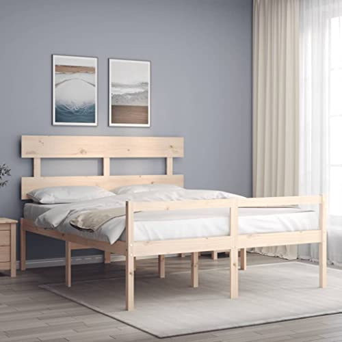 QUAHEAS Seniorenbett 160x200 cm aus massivem Kiefernholz, erhöhte Sitzhöhe 45 cm, mit Kopfteil, viel Stauraum, Stabiler Lattenrost, für Schlafzimmer
