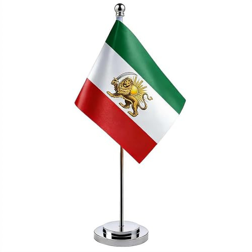 Persian Lion and Sun Desk Flag - Iran Historical Table Flag, 30cm (11.8) Polyester Desk Decor with Sturdy Stand, Green White Red Three-Color Display for Office, Classroom, Historical Display