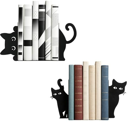 4 Stück Metall Buchstütze Katze: Spähende Katze Metall Buchstütze, Kreativität Buchständer Katze für Regal, Schule, Büro und Zuhause, Geschenk für Katzenliebhaber und Leseenthusiasten(Schwarz)