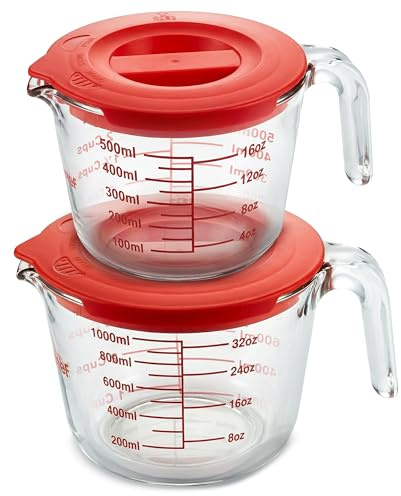NutriChef 2 and 4 Cups Glass Measuring Cup Set with Lids (17 & 34 oz) - Heat-Resistant Borosilicate Liquid Measure Cups with Easy-Read Scale for Cooking, Baking and Food Storage, Dishwasher Safe