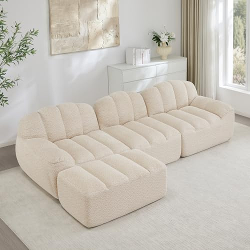 Rvjiahe 3-Sitzer L-förmiges Modulares Sofa mit 1 Ottoman, Boneless Sofa aus 32D Hochdichtschaum, Tiefe Sitzfläche, ideal für Wohnzimmer, weicher Stoff (Weiß, 3-Sitzer mit Ottoman)