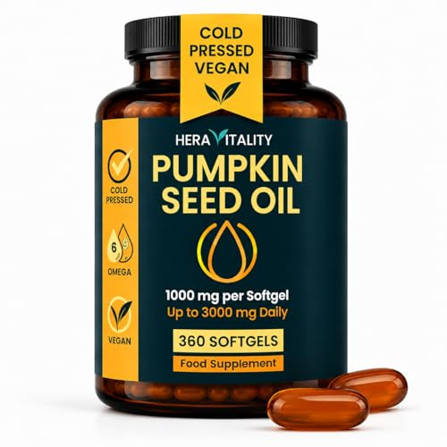 Pumpkin Seed Oil Capsules – 3000mg Daily Cold Pressed Pumpkin Seeds – Vegan Softgels for Prostate & Bladder Support – Omega 6 & 9-360 Capsules