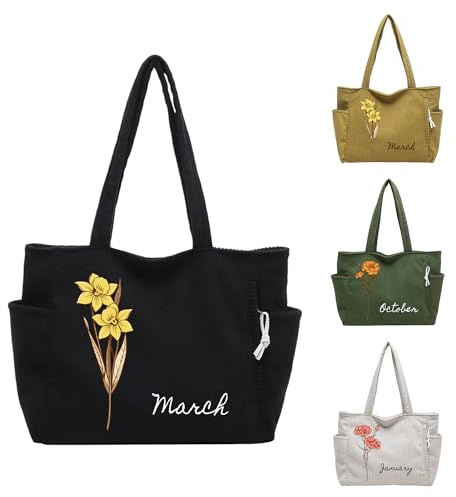GMDLSK Bolso Tote de Pana Personalizado con Flor de Nacimiento y Nombre – Bolso Grande con Cremallera para Mujer – Regalo para el Día de la Madre, Graduación, Cumpleaños