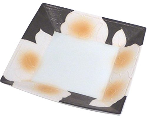 有田焼 Plate: Arita Ware Black Cosmetic Orange Spiky Flower Picture Wobble Square Plate
