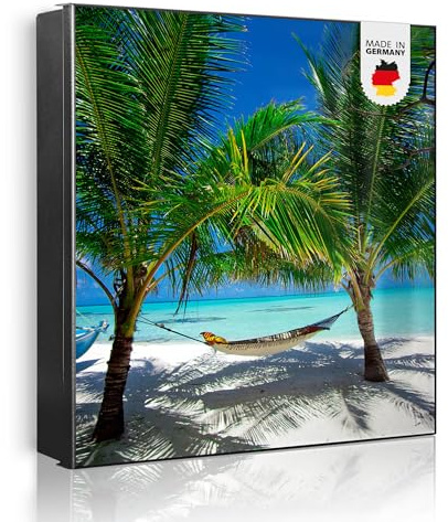 banjado Großer Schlüsselkasten Metall - Schlüsselbox 30x30cm beschreibbarer mit 32 Haken - Schlüsselkasten modern für Schlüsselaufbewahrung - Korpus Schwarz Scharnier Links - Motiv Strand