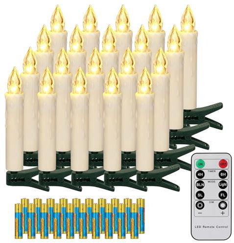 FREEPOWER 20er LED Weihnachtsbaum Kerzen Kabellos mit Fernbedienung Timer Flackern Dimmbar Warmweiß Weihnachtskerzen Lichterkette Christbaumkerzen Außen Wasserdicht(mit 20 Batterien)