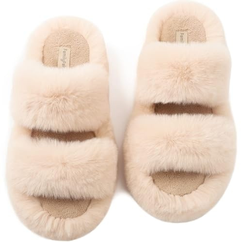 FamilyFairy Women's Fluffy Faux Fur Slippers Comfy Open Toe Two Band Slides with Fleece Lining and Rubber Sole(9-10, Beige)